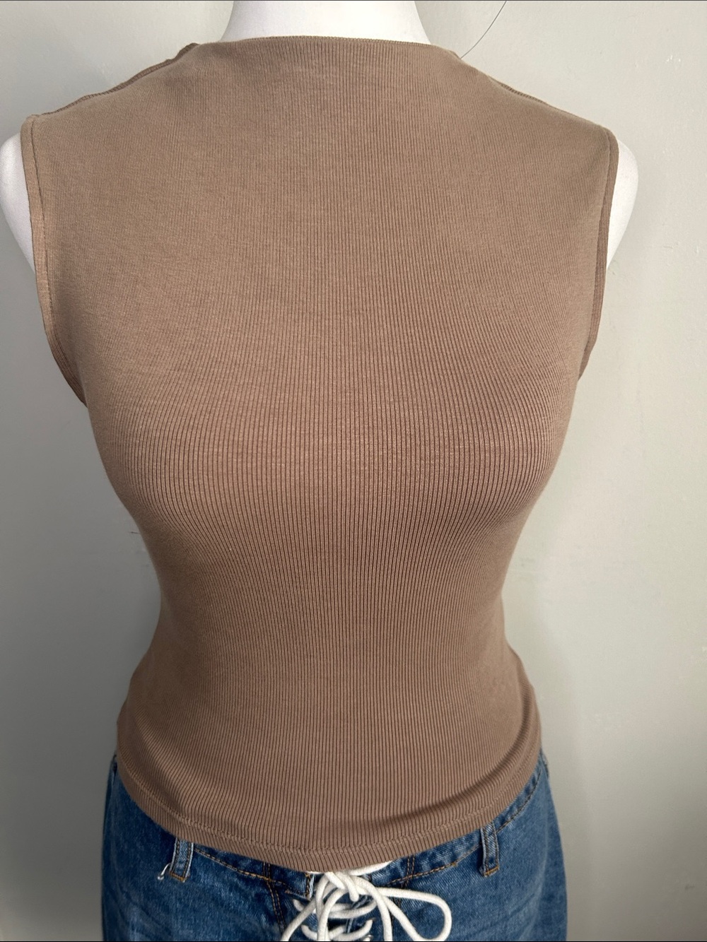Zara Sleeveless Ribbed Cotton Blend Knit Mock Neck Tank Top - Taupe Brown